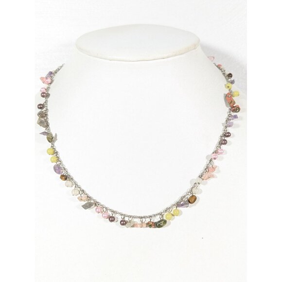 Boho Stone And Faux Pearl Charm Cluster Dainty Necklace Silver Tone 19" - Picture 1 of 9